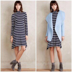 Anthropologie Maeve Striped Navy & White Long-Sleeve Turtleneck Midi Dress Size
